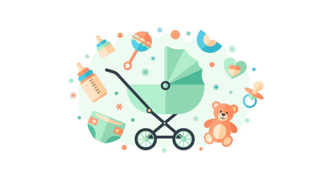 Flat Vector Illustration of Baby Essentials Set with Stroller, Teddy Bear, Bottle and Diaper for Newborn Care Design