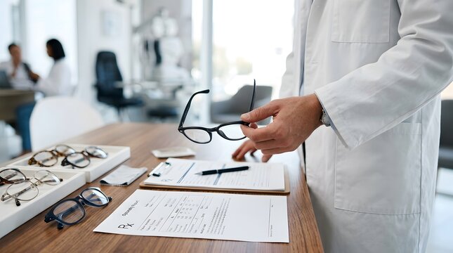 Optometrist holding eyeglasses while reviewing eye exam documents in office with optometrist optometry eyeglasses eyesight