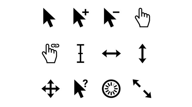 Various computer mouse cursor icons are displayed on a screen.