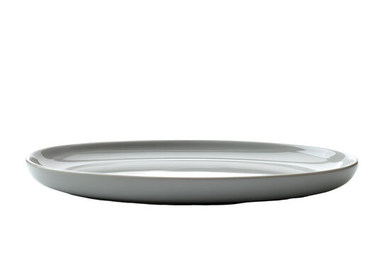 A single empty grey ceramic plate viewed from the side angle for food presentation and dining
