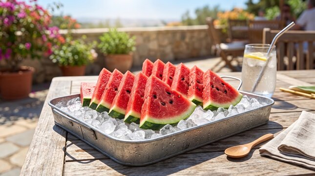 Refreshing watermelon wedges served on a bed of ice cubes for a hot day