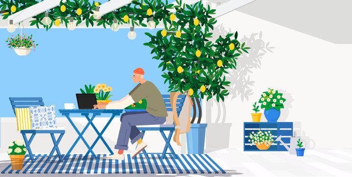 A nomad is a digital nomad worker working in a cozy coworking space surrounded by nature. Vector illustration