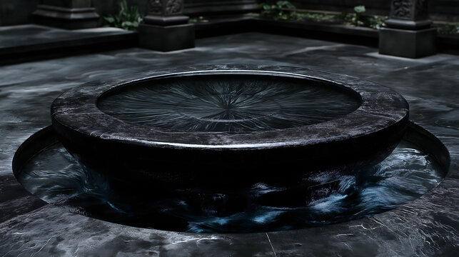 Minimal Pure Black Background Suspended Circular Still Water Mirror, No Reflection Only Silver Grey Radiant Ripples, Faint Blue Refraction Halo, Water God Mirror Art, Commercial Visual Asset For Exhib