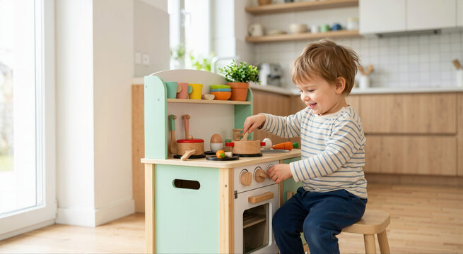 Smiling toddler boy playing with a wooden toy kitchen. Child sitting on a stool and pretending to cook in a modern home. Childhood role play and imagination