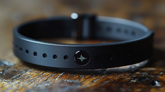 Close-up of a black fitness tracker on wood.