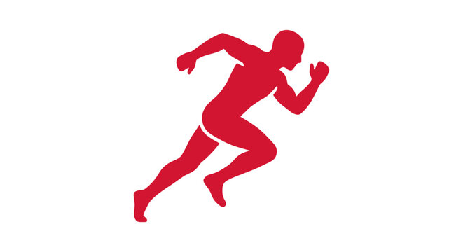 A red silhouette icon of a male athlete running or sprinting fast isolated on a plain white background. Perfect for sports, fitness, track and field, marathon, active lifestyle, and workout design