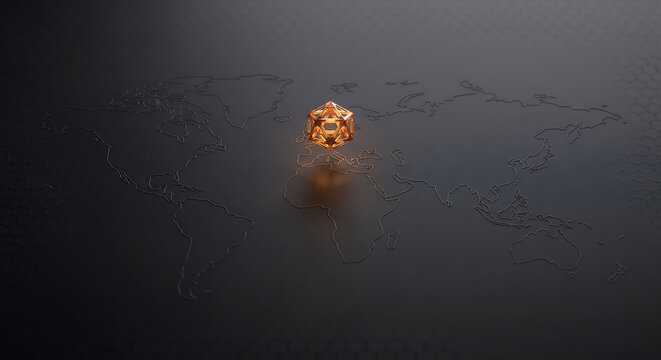 Glowing golden data cube on dark world map background, futuristic digital technology concept, 3d render of abstract global network and blockchain server