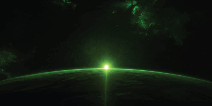 Green planet horizon with bright glowing sunrise sci fi universe astronomy exploration planetoid atmosphere astronomical planetary celestial orbiting outerspace astrophysics