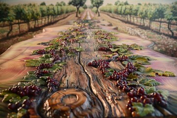 Obraz premium Wooden table with carved grapes and leaves, in front of a beautiful vineyard landscape