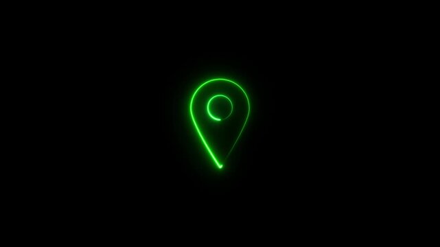 Neon blue glowing map pin icon on black background,  4K Video motion graphic animation  for navigation and location services digital interface