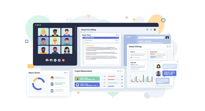 Modern flat vector illustration of remote team collaboration and project management software interface.