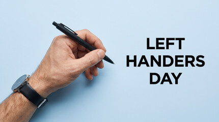 Close up of a left hand holding a black pen on light blue pastel background with Left Handers Day text. Concept of left handed awareness, writing, and international celebration.