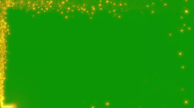 Abstract gold glitter sparkle frame overlay on beautiful magical fairy dust particle movement, star sparkle vector doodles, border frame alpha channel animation for green background. 4k video