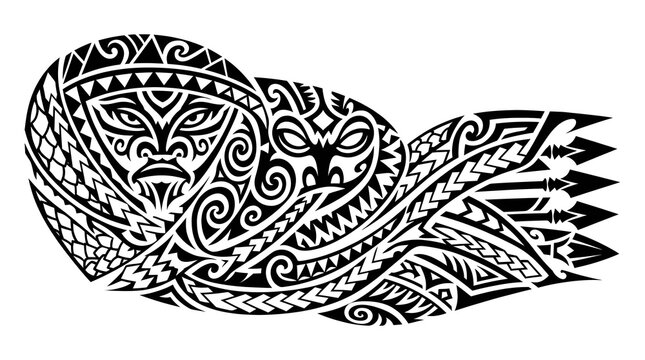 Bold intricate tribal polynesian design artwork depicting cultural motifs and stylized faces, presented as a striking black white vector illustration asset for decorative print usage.