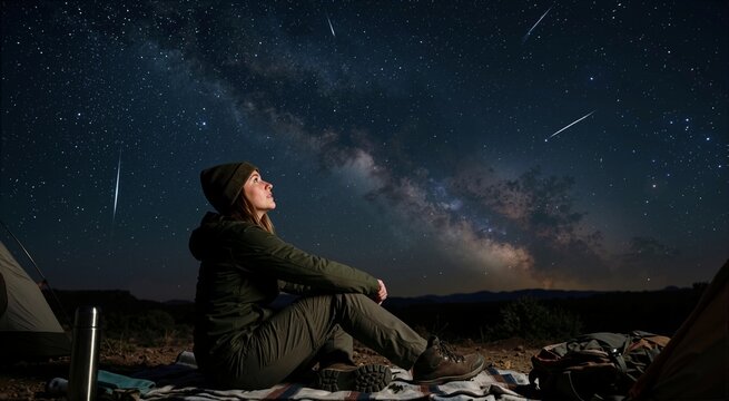 Woman watching a meteor shower and the Milky Way while camping. Female camper looking up at shooting stars in the night sky. Outdoor adventure and astronomy concept
