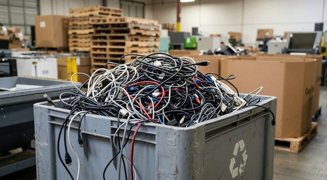 Tangled pile of electronic cables in a grey recycling bin. E-waste collection in an industrial warehouse facility. Electronic waste management and ecology concept