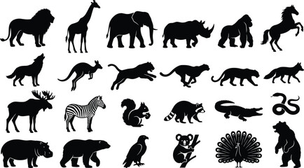 Obraz premium Animal Silhouettes Vector Set Featuring Lions, Zebras, Elephants, Birds, Cats, and Safari Creatures in Black Style