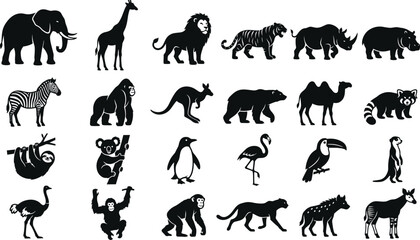 Fototapeta premium Animals Icon Set with Black Silhouettes of Wildlife Including Elephants, Lions, Zebras, Penguins, and More for Design