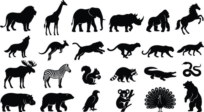 Animal Silhouettes Vector Set Featuring Lions, Zebras, Elephants, Birds, Cats, and Safari Creatures in Black Style