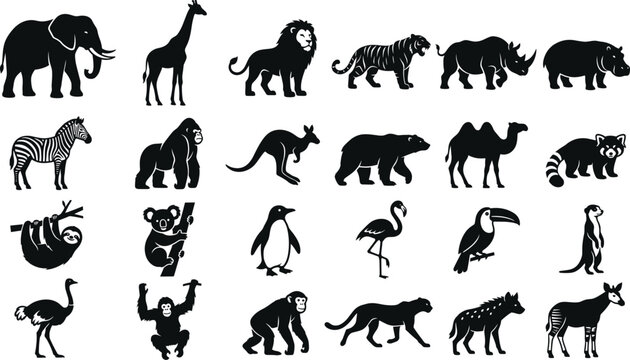 Animals Icon Set with Black Silhouettes of Wildlife Including Elephants, Lions, Zebras, Penguins, and More for Design