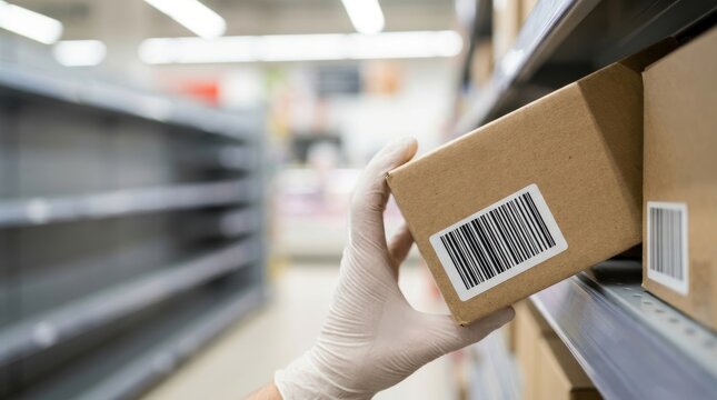 Hand wearing white glove holds cardboard box with barcode on shelf in warehouse shipping