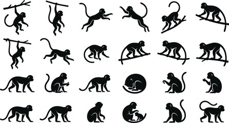 Fototapeta premium Cats Hunting and Sitting Pose Set with Black Silhouettes and Motion Lines for Playful Vector Icons Featuring Cat, Feline