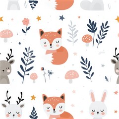 Fototapeta premium Woodland animals under starry night sky pattern, magical forest theme, whimsical nursery decor, cozy nature illustration, dreamy design.