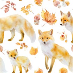 Fototapeta premium Sleeping fox family seamless pattern, cozy woodland theme, gentle wildlife decor, warm autumn mood, adorable nature illustration.