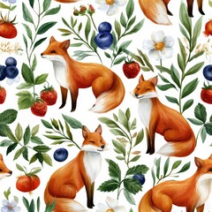 Fototapeta premium Foxes with berries and wildflowers seamless pattern, playful woodland theme, charming nature decor, whimsical illustration, cheerful design.