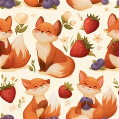 Fototapeta premium Foxes with berries and wildflowers seamless pattern, playful woodland theme, charming nature decor, whimsical illustration, cheerful design.