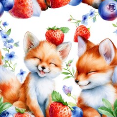 Fototapeta premium Foxes with berries and wildflowers seamless pattern, playful woodland theme, charming nature decor, whimsical illustration, cheerful design.