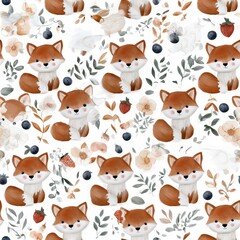 Fototapeta premium Foxes with berries and wildflowers seamless pattern, playful woodland theme, charming nature decor, whimsical illustration, cheerful design.