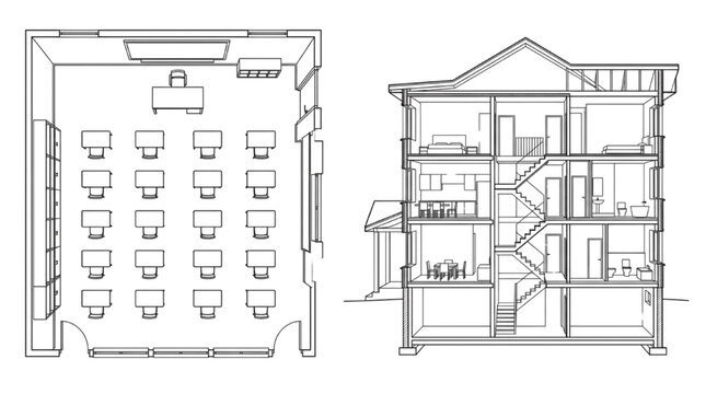 Classroom Floor Plan Residential House Section CAD Block Drawing
