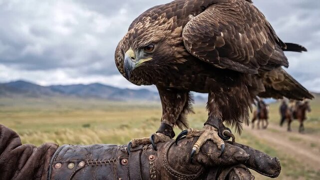 Tracking shot of eagle perched on falconer's gloved hand gripping talons while looking toward riders on grassy steppe with mountains under overcast sky, moody daytime