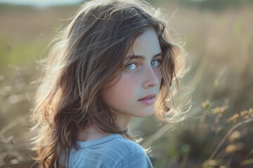 Fototapeta premium Girl with long hair looking back in a grassy field