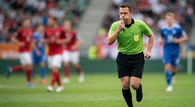 Football referee in green shirt running and blowing silver whistle. Blurred soccer players on grass pitch in background