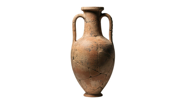 Ancient terracotta amphora urn vase with double handles isolated on white