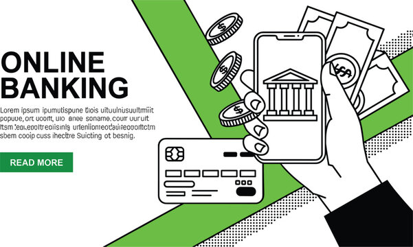Online banking landing page banner layout with hand holding smartphone credit card paper cash and flying coins