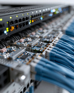 Rows of network gear hum with digital life. Cables thread through metal racks, bright with purpose. Blue cords connect devices in a precise, orderly line. Lights blink - signals pulse - systems live