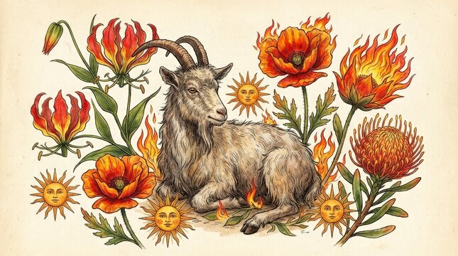 Vintage botanical illustration of a resting goat among fire themed flowers. Stylized sun icons and vibrant orange flora on an off-white background