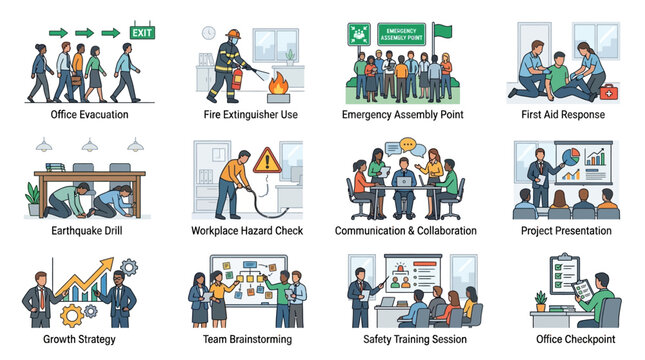 Office workers evacuate during a fire drill using fire extinguishers and meeting at the emergency assembly point.