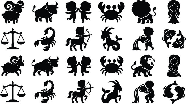 Lion and Bull Cartoon Icons Set with Balance Scales, Unicorn, Crab, and Cat Silhouettes on White Featuring Zodiac, Zodiacal