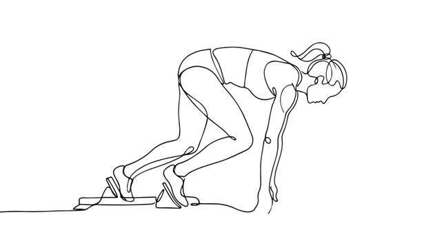 Female runner in starting block position. Continuous one line drawing illustration