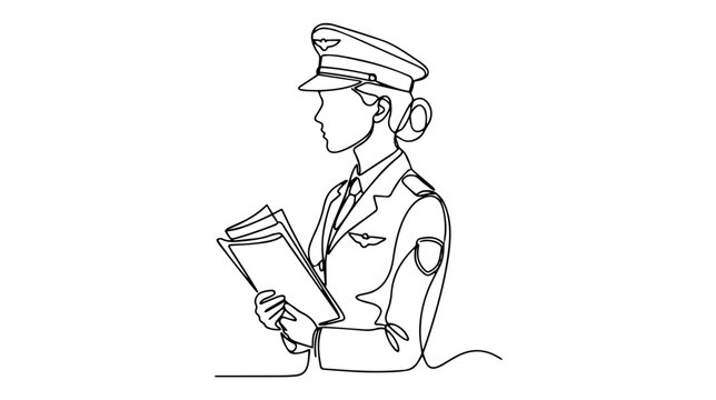 Continuous one line drawing of a female pilot holding documents. Aviation and profession concept. Minimalist vector illustration