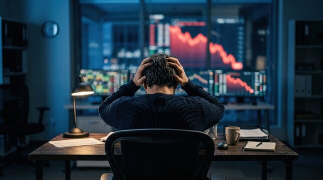 Man in dark room distressed by falling stock market graphs on multiple computer screens