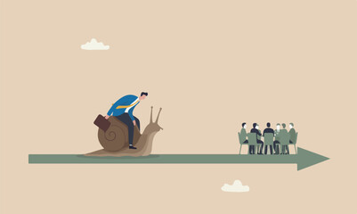 Slow industrial businessman The style of the illustration is modern meeting teams together riding snail slow walking on arrow to reach target © Parul