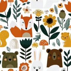 Fototapeta premium Woodland animals seamless pattern with foxes bears and rabbits, autumn forest theme, charming nursery decor, playful illustration.