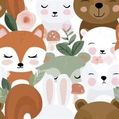 Fototapeta premium Woodland animals seamless pattern with foxes bears and rabbits, autumn forest theme, charming nursery decor, playful illustration.