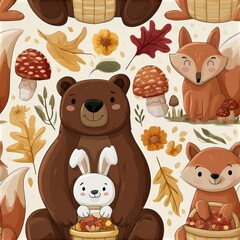 Fototapeta premium Cute fox and bear seamless pattern with flowers and mushrooms, woodland nursery theme, playful forest illustration.