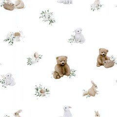 Fototapeta premium Cute fox and bear seamless pattern with flowers and mushrooms, woodland nursery theme, playful forest illustration.